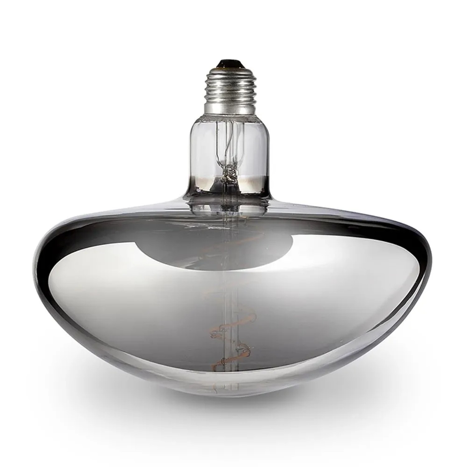 Lampadina LED E27 decorativa a forma di goccia, color argento.