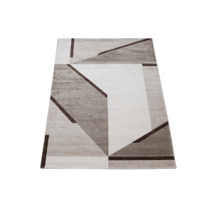 Tappeto moderno con motivo geometrico nei toni del grigio e beige.