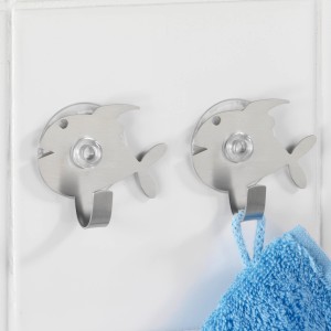 Wenko Ganci a ventosa Fish, set da 2, acciaio inox opaco, per bagno, cucina o cameretta.