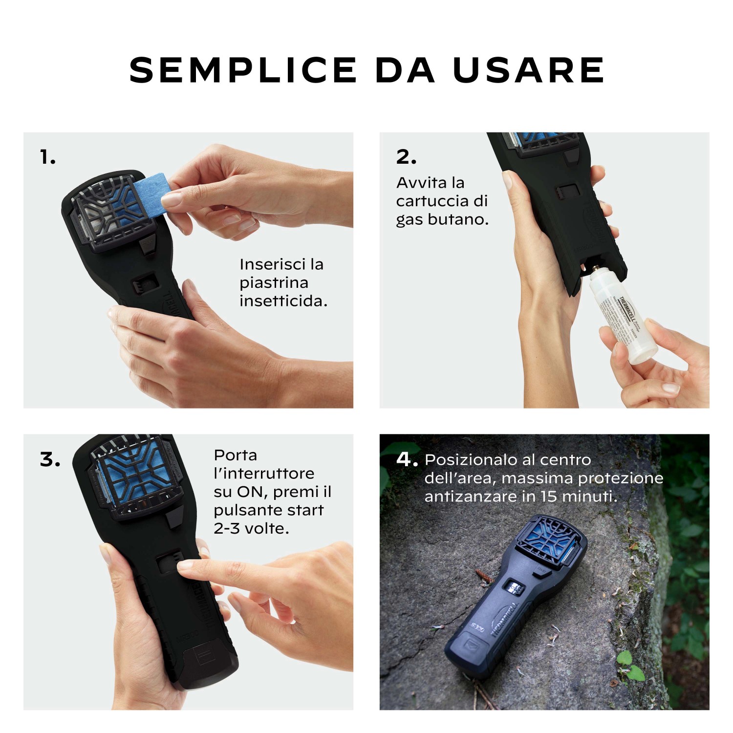 Istruzioni per l'uso di t.b.t. Antizanzare: Inserimento della piastrina insetticida, fissaggio della cartuccia di gas, avvio del dispositivo.