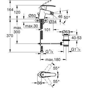 Disegno tecnico del miscelatore per bidet Grohe Start con dimensioni.