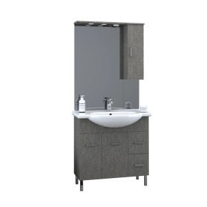 Set di mobili da bagno grigi con lavabo, specchio e armadietto.