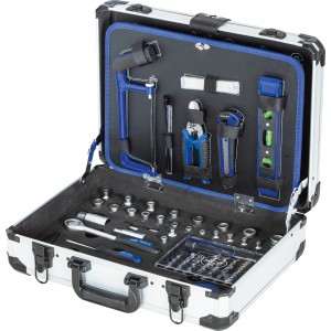 Valigetta attrezzi LUX aperta con 129 pezzi, inclusi chiavi, martello e pinze.
