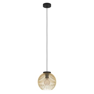 Lampada a sospensione moderna con paralume sferico color oro e sospensione nera.