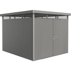 Casetta da giardino in metallo Biohort HighLine, grigio quarzo metallizzato, 7,6 m² con doppia porta.