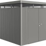 Casetta da giardino in metallo Biohort HighLine, grigio quarzo metallizzato, 7,6 m² con doppia porta.