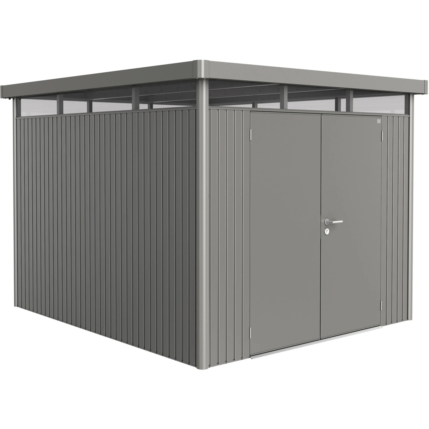 Casetta da giardino in metallo Biohort HighLine, grigio quarzo metallizzato, 7,6 m² con doppia porta.