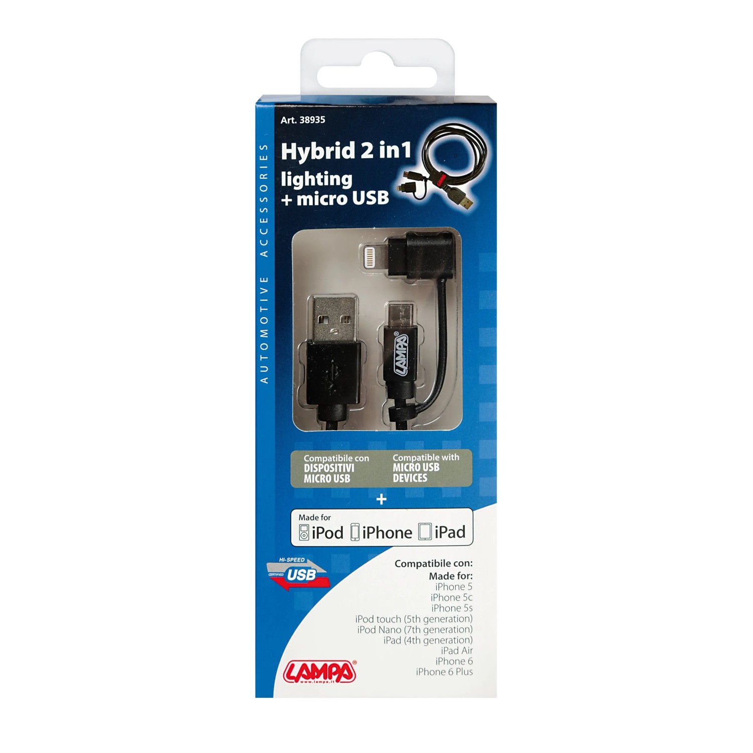 t.b.t. Cavo caricabatterie ibrido 2in1 per auto, Lightning e Micro-USB. Accessorio interno auto.