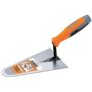 Cazzuola da muratore con manico arancio-grigio per lavori di muratura e piastrellatura.