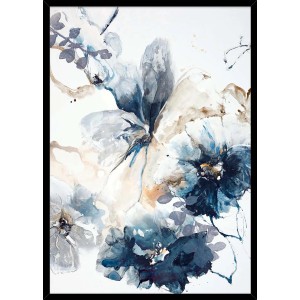 Quadri "t.b.t.": Quadro astratto con fiori in blu e beige, con cornice.