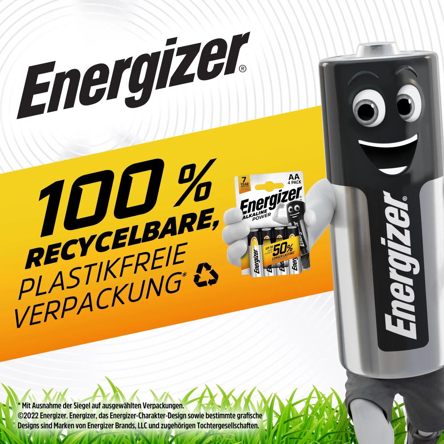 Batterie Energizer Alkaline Power AAA, confezione da 8, con mascotte e imballaggio riciclabile.