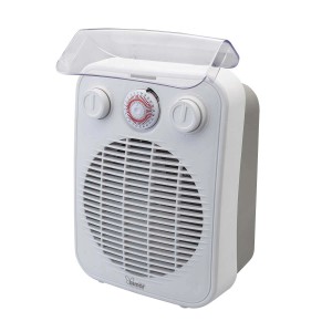 Termoventilatore elettrico t.b.t. bianco con timer e maniglia trasparente.