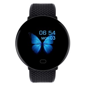 Smartwatch nera con farfalla blu sul display, un accessorio per il tuo cellulare.
