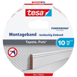 Nastro di montaggio Tesa 5m x 19mm per carta da parati e intonaco. Biadesivo, tiene fino a 10 kg/m, senza forare.