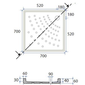 Disegno tecnico di un piatto doccia t.b.t. con dimensioni e dettagli.
