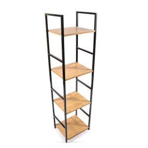 Scaffale stretto con quattro ripiani in legno e struttura in metallo nero.