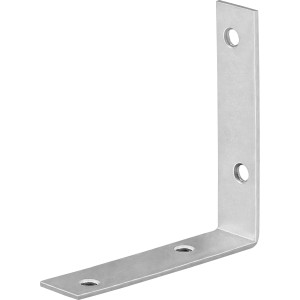 Staffa angolare per sedia in acciaio inox, 80x80x18 mm, con fori di montaggio.