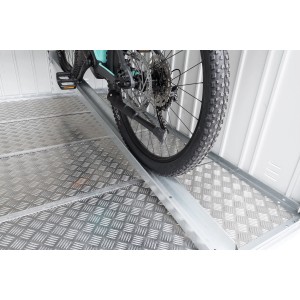 Binario per bici Biohort in metallo argentato per mini garage con bicicletta all'interno.