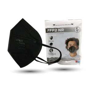 Mascherina FFP2 nera accanto a confezione da 5. Mascherina protettiva per uso quotidiano.