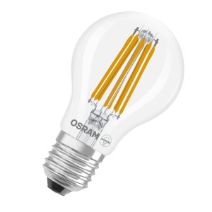 Lampadina LED Osram E27, forma A100, 7.2W, luce bianca calda, tecnologia a filamento.
