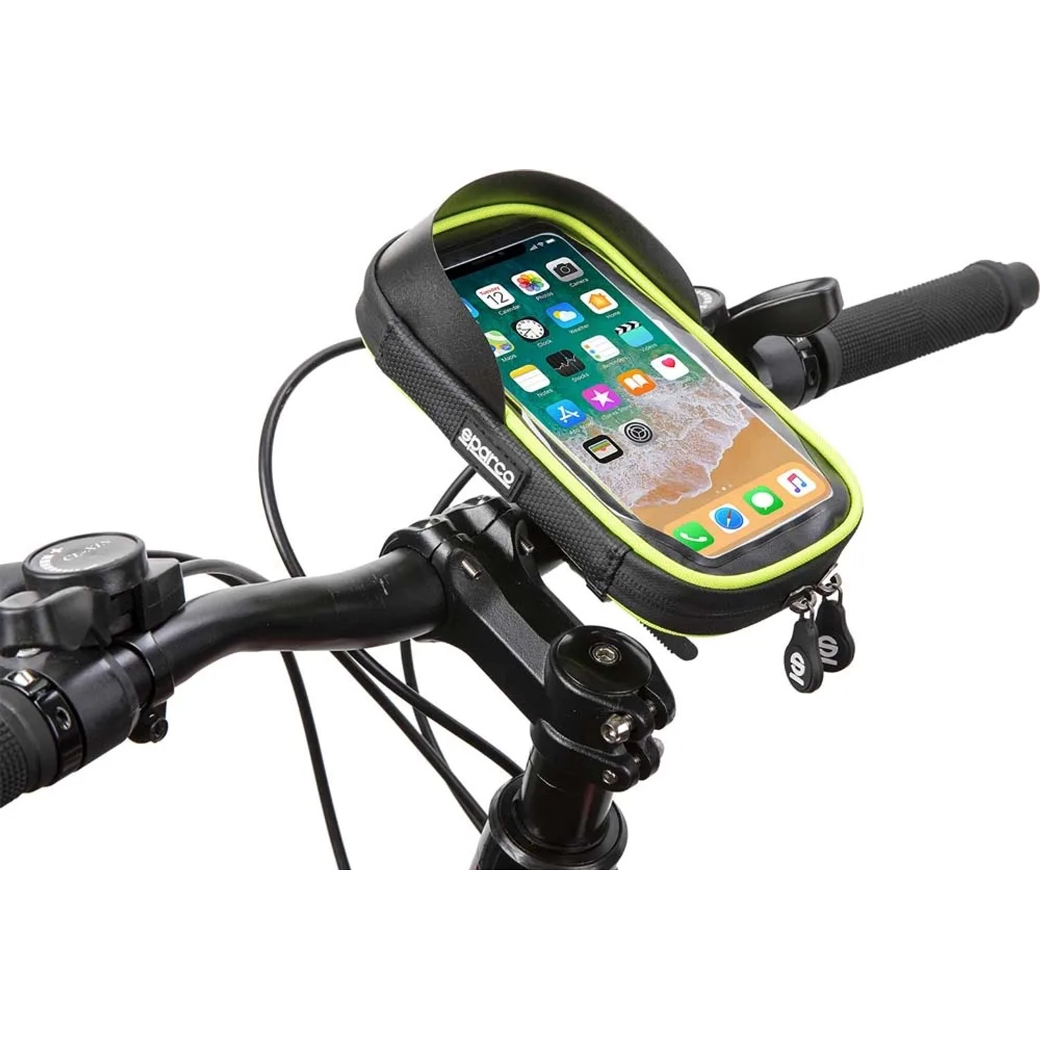 t.b.t. borsa da bici sul manubrio con smartphone nella finestra.