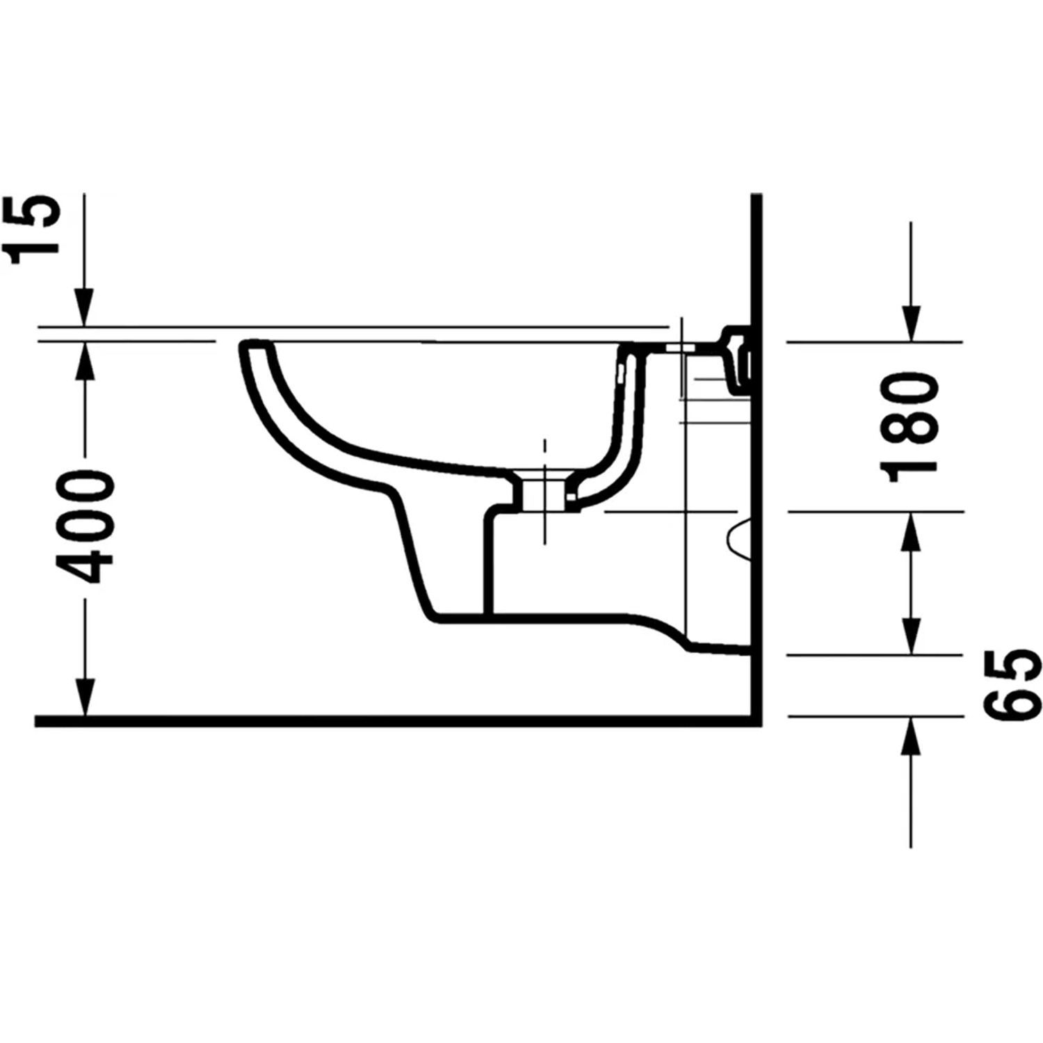 Disegno tecnico del bidet sospeso Duravit D-Code con dimensioni per l'installazione.