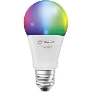 Lampadina LED Ledvance Smart+ RGBW E27, 9,5W, con WiFi, luce colorata e tonalità di bianco.