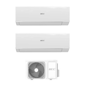 Condizionatore t.b.t., unità interne e unità esterna bianche.