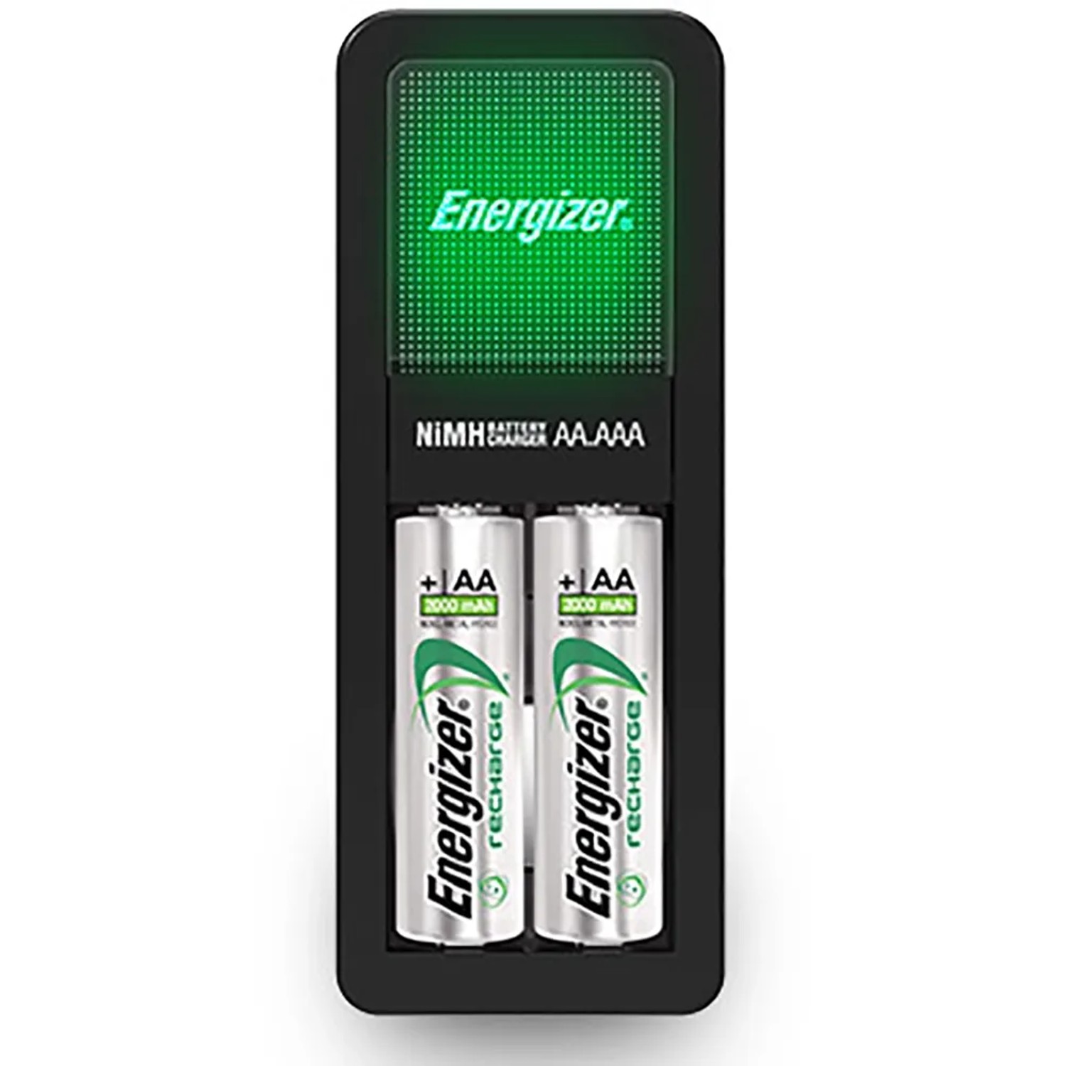 Mini caricabatterie Energizer con 2 batterie AA da 2000 mAh in custodia nera con indicatore LED verde.