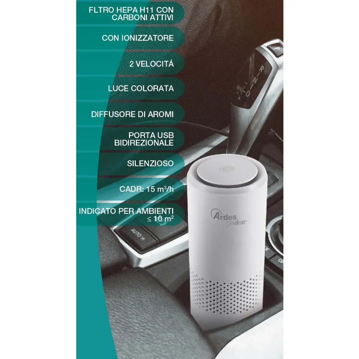 Purificatore d'aria Ardes bianco per piccoli spazi, ad es. in auto.