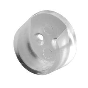 Accessorio per mobili t.b.t., componente in plastica trasparente con tre fori.