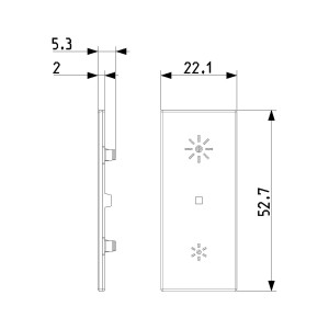 Disegno tecnico di una placca t.b.t. con dimensioni per interruttori e prese.