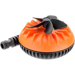 Irrigatore di superficie arancione con elica nera per irrigazione giardino.