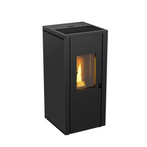 Stufa a pellet t.b.t. nera con vetro e pellet in combustione.
