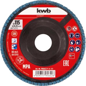 Disco lamellare KWB 115 mm, grana 120 per smerigliatrici angolari. Per la levigatura di metallo e acciaio inossidabile.