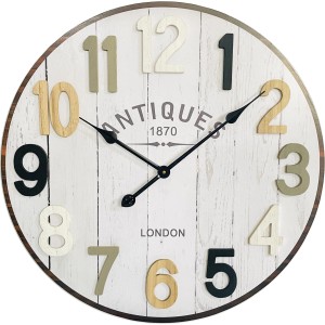 Orologio da parete decorativo in stile vintage con numeri colorati per spazi abitativi.