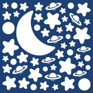 Adesivi da parete t.b.t. con luna, stelle e pianeti su sfondo blu.