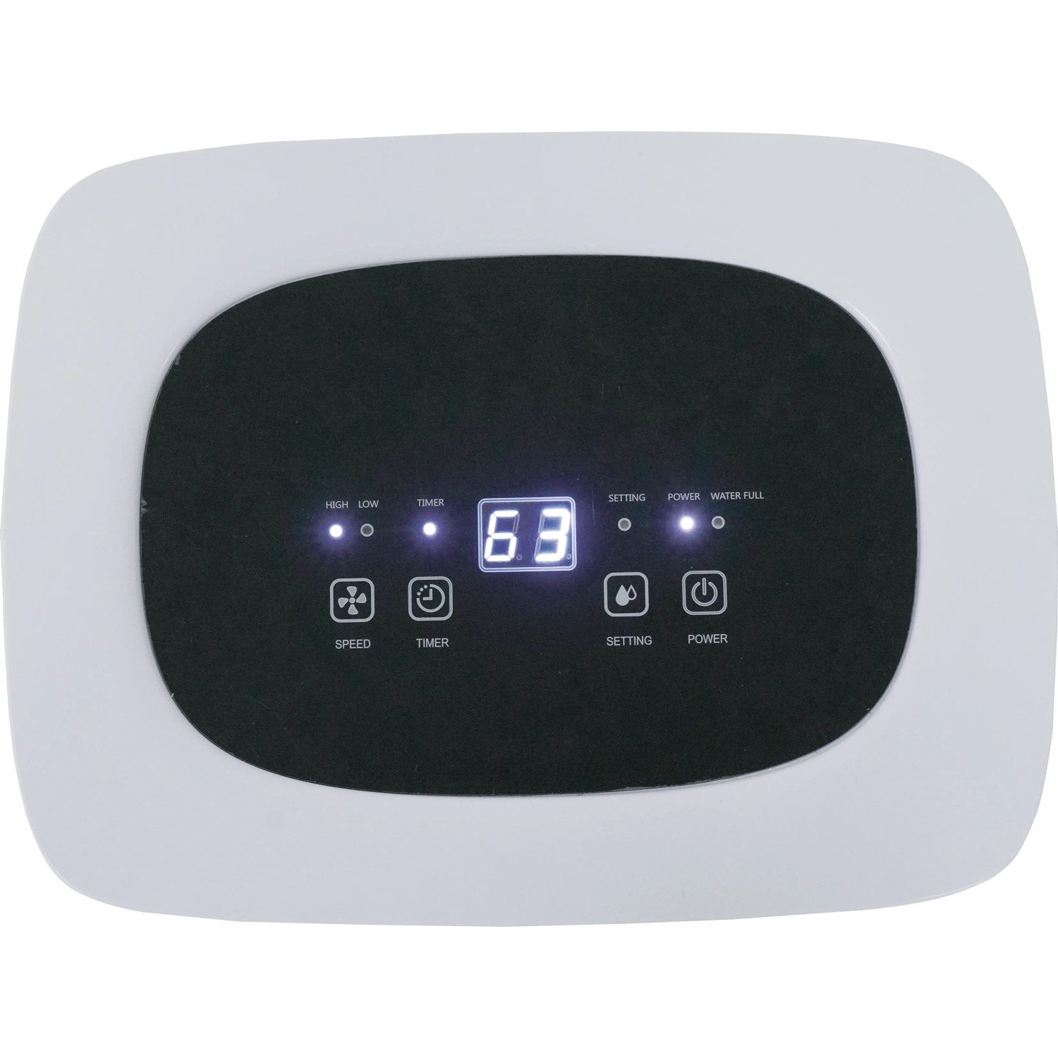 Dettaglio del pannello di controllo del deumidificatore bianco LEF-205-40 con display touch.