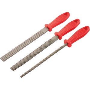 Set lime Ellix, 3 pezzi: lima piatta, mezzotonda e tonda con manico rosso.