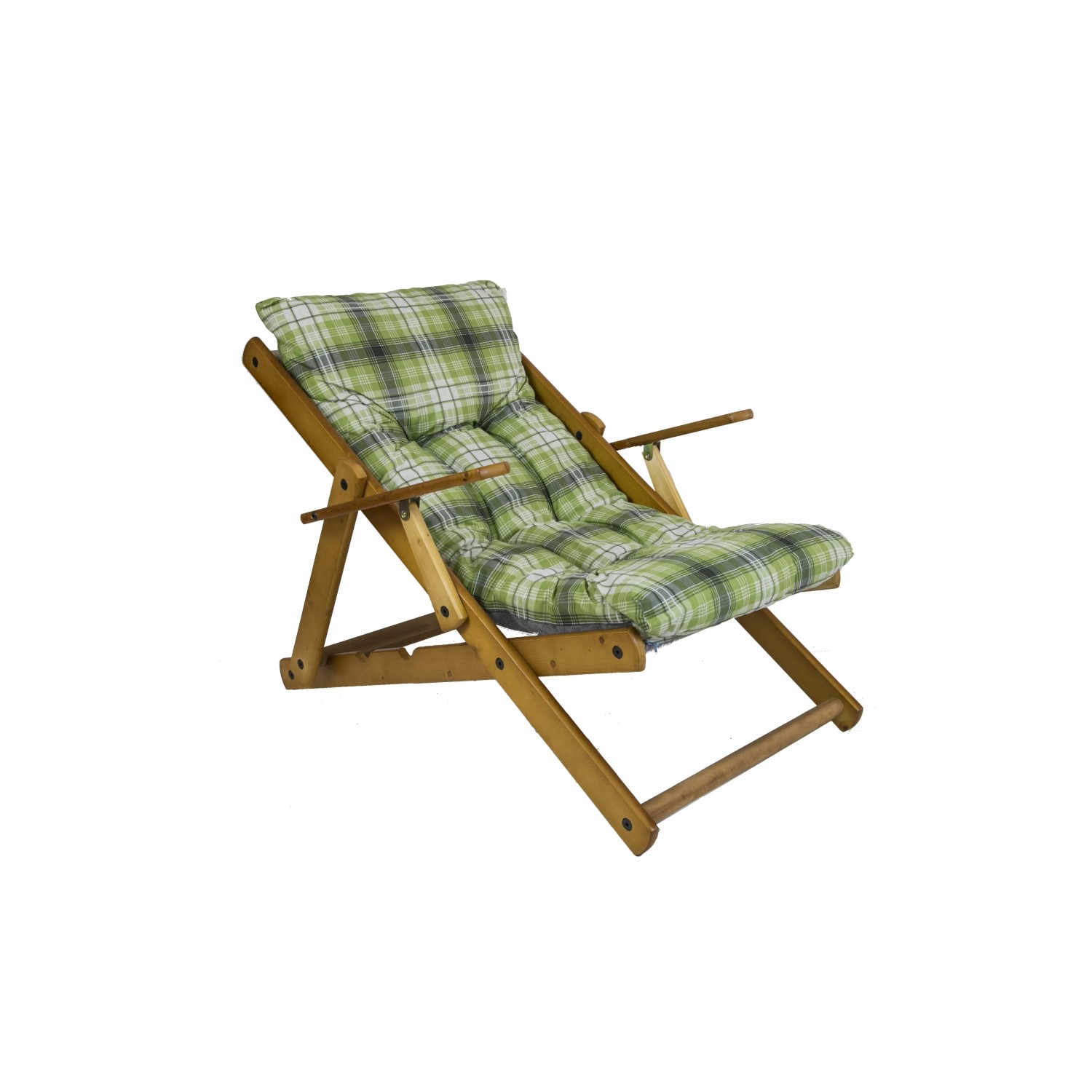 Sdraio in legno con cuscino a quadri verdi per giardino o balcone.