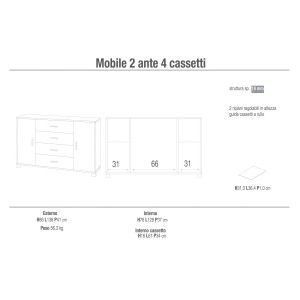 Disegno tecnico: t.b.t. mobile archivio con cassetti e ante, misure e dettagli.