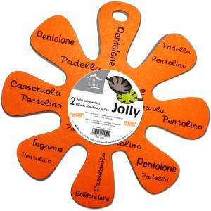 Sottopentola arancione a forma di fiore con nomi di pentole in italiano, per la conservazione degli alimenti.