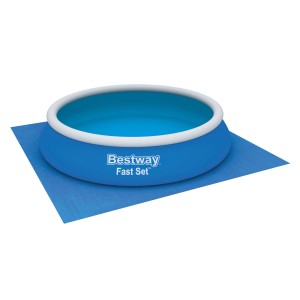 Piscina blu Bestway Fast Set su tappetino blu. Ideale per il giardino.