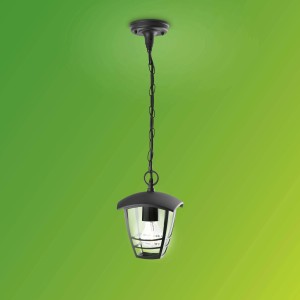 Lampada a sospensione nera per esterni, design a lanterna. Illuminazione per giardino e patio.
