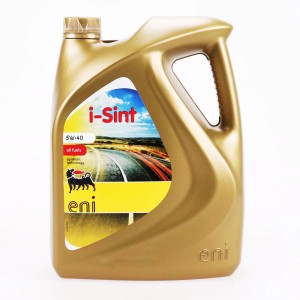 Tanica dorata di olio motore t.b.t. di Eni.