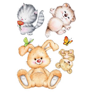 Adesivo da parete con gatto, orso e coniglio, ideale per le camerette dei bambini. Motivi animali carini come decorazione murale.