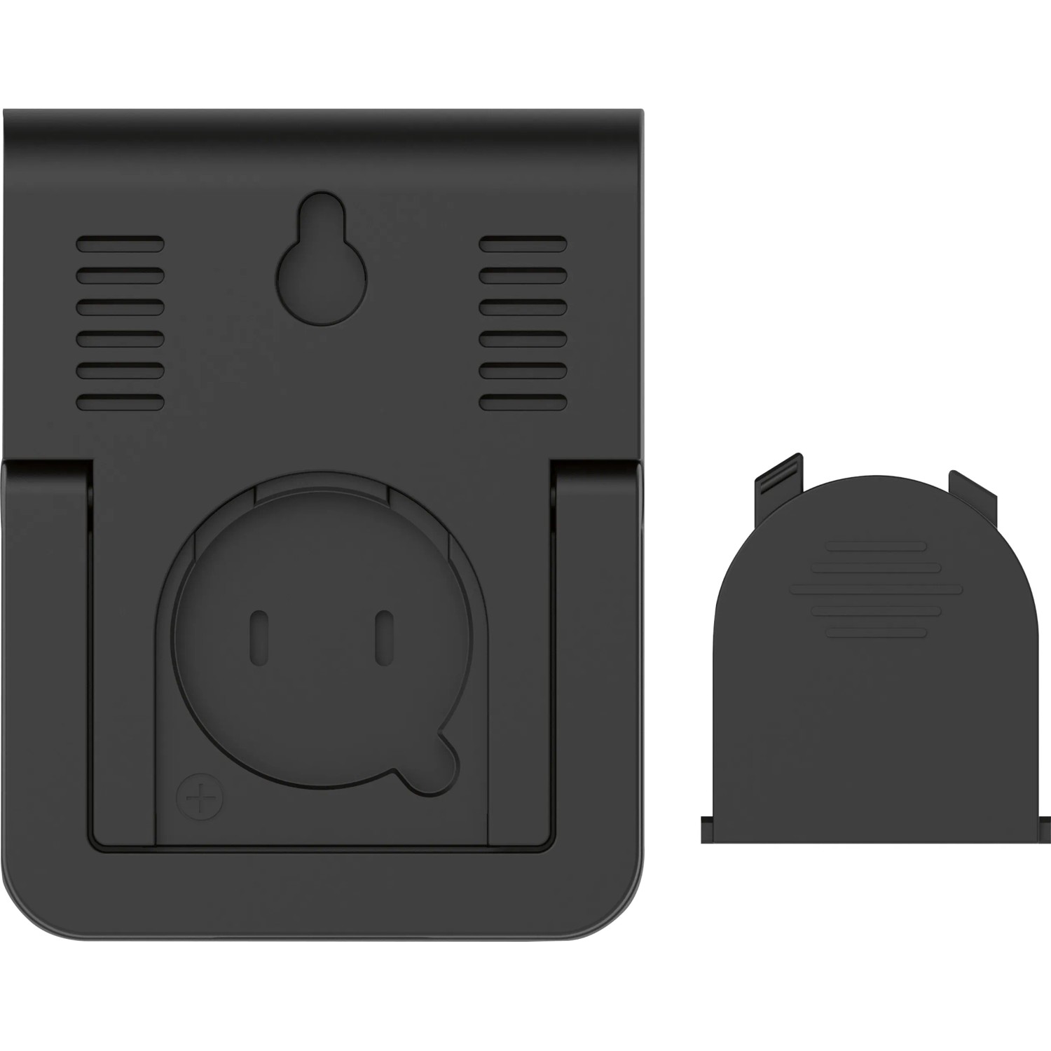 Retro del termoigrometro nero BRESSER HumiTemp con vano batteria e supporto per appenderlo.