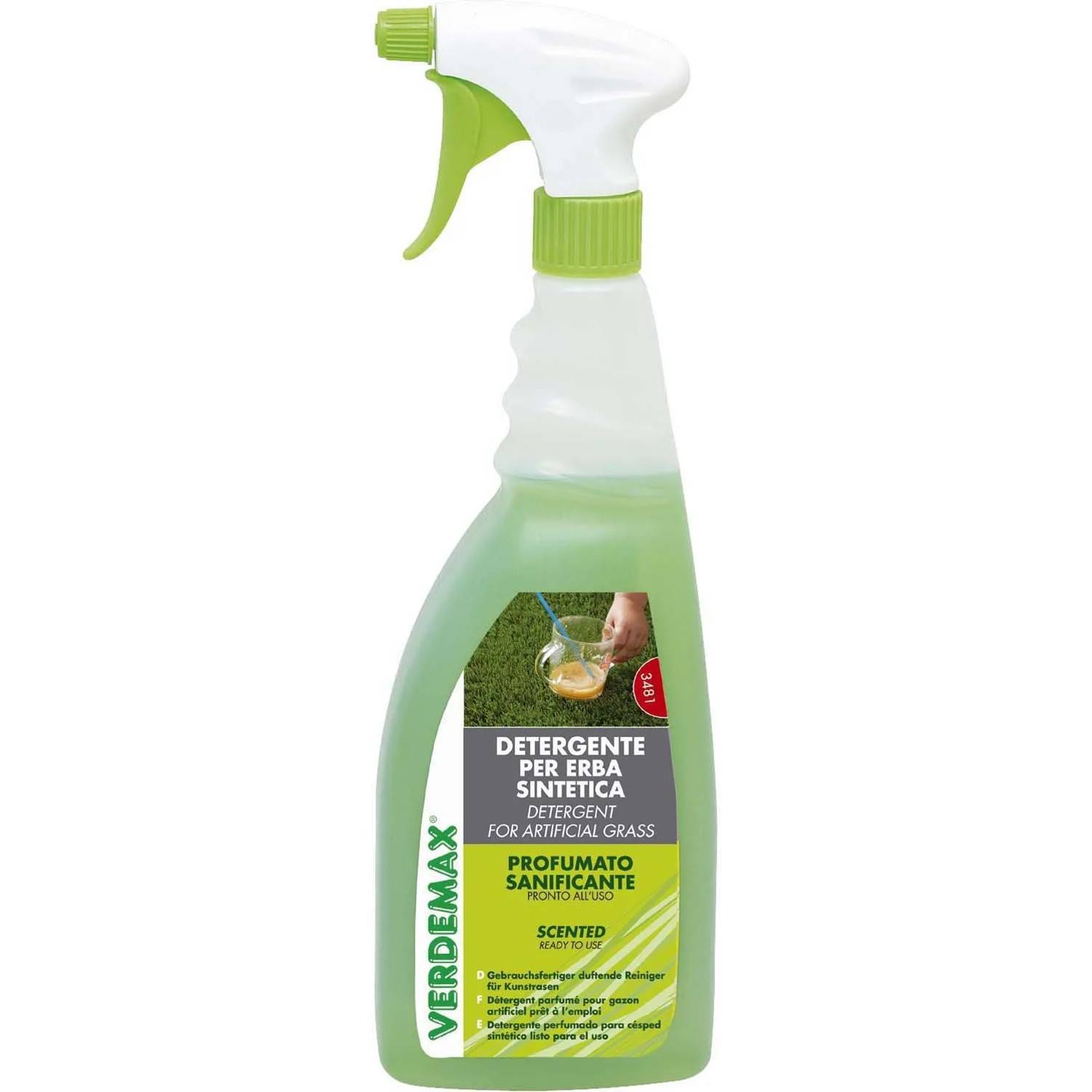 Flacone spray con detergente per erba sintetica. Pulitore per erba artificiale.