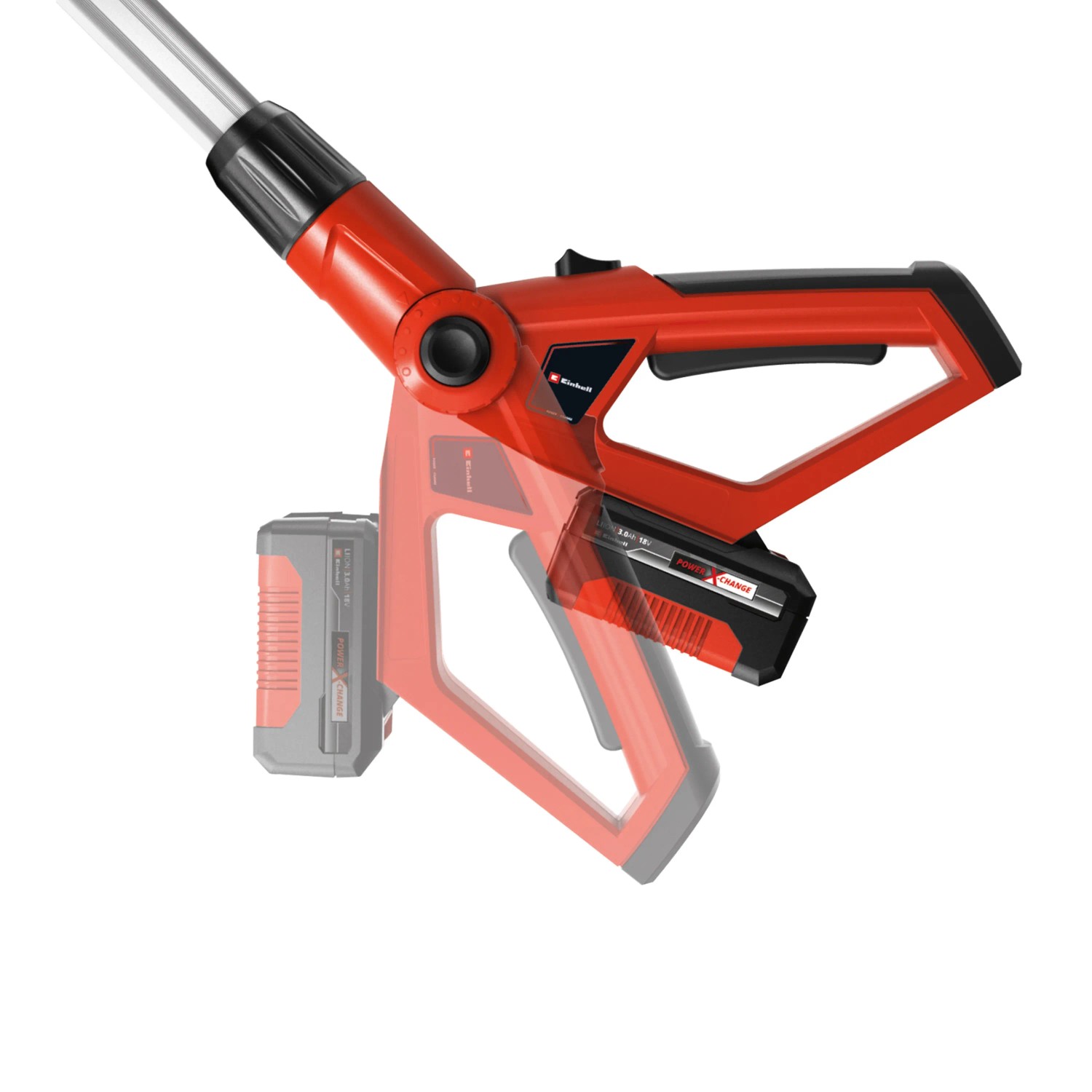 Tagliasiepi telescopico a batteria Einhell GE-HC 18 Li T Solo, corpo rosso con batteria, dettaglio.