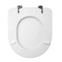 Sedile WC t.b.t. bianco con cerniere cromate, vista dall'alto.